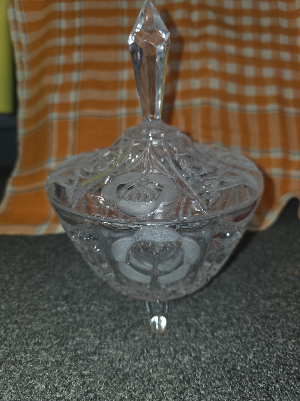 Vintage Clear Lead Crystal Covered Candy Dish w/ Lid Floral Etched